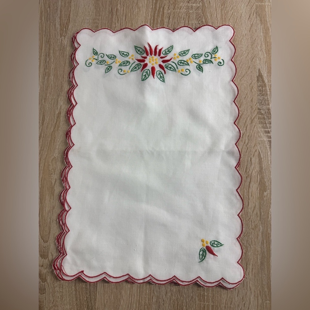 Vintage Lot Of 6 Embroidered Floral Handkerchief Napkin Red Scalloped Trim White